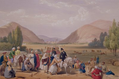 La Entrada a Caubul desde Killa-Kazee, de Bocetos en Afganistán, grabado por Charles Haghe y Louis Haghe, publicado por Henry Graves, 1842 de James Atkinson